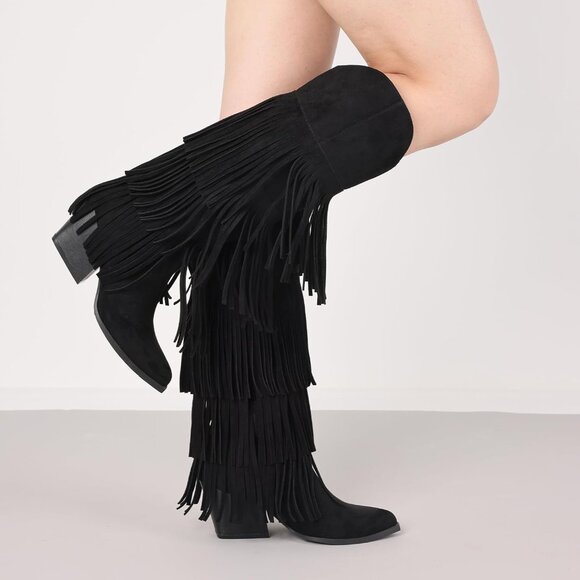 Women's Black Retro Pointed Toe Knee High Pull On Block Chunky Heel Fringe Boots - Picture 2 of 7